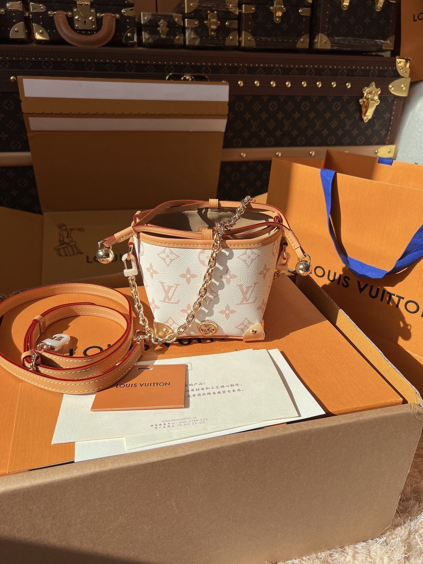 LV Nano Noé Monogram Canvas Mini Bucket Shoulder Bag with Chain Strap and Leather Trim (11.5 x 12 x 11.5) cm
