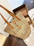YSL PANIER MEDIUM IN RAFFIA AND VEGETABLE-TANNED LEATHER