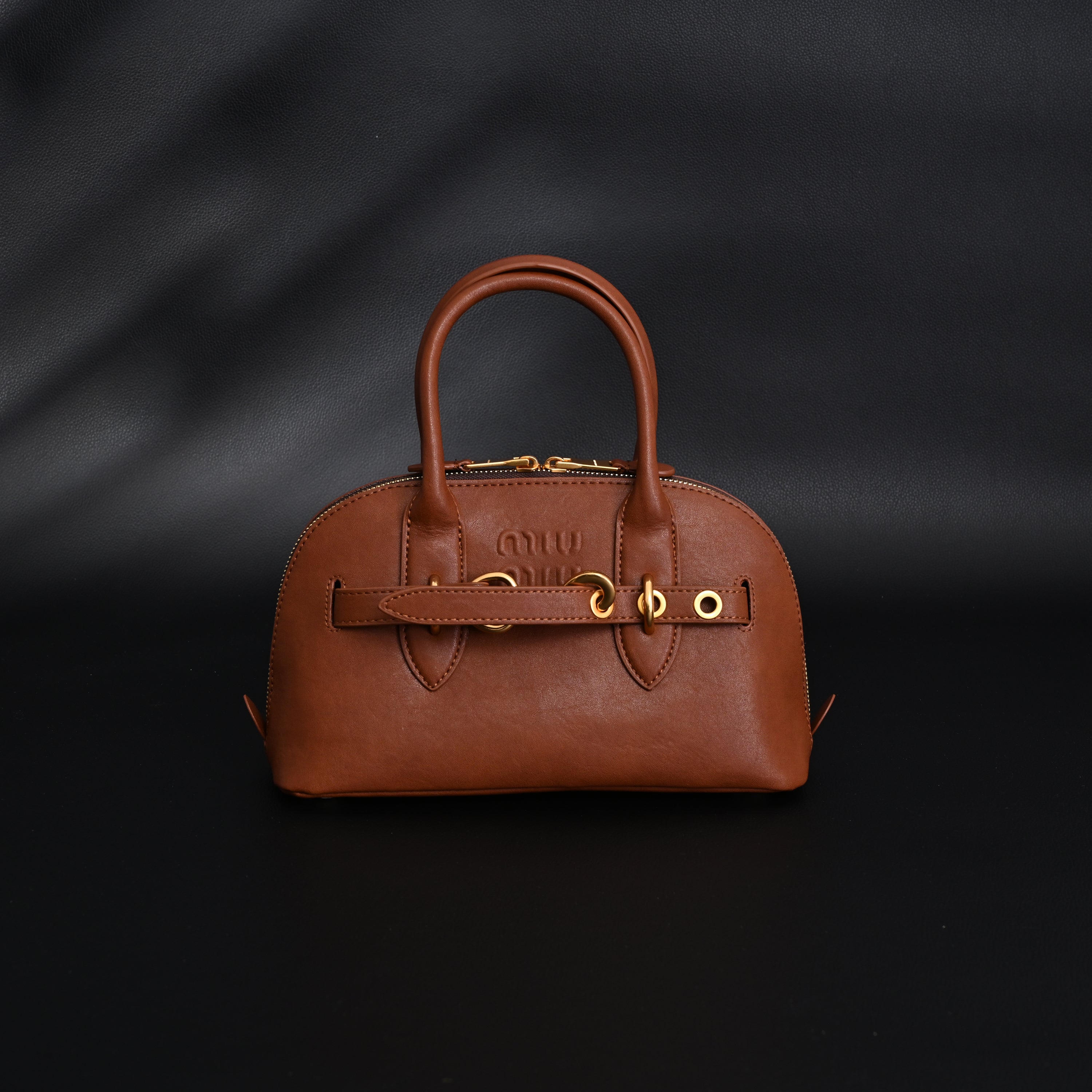 Miu Miu Leather Bowler Top Handle Bag Cognac